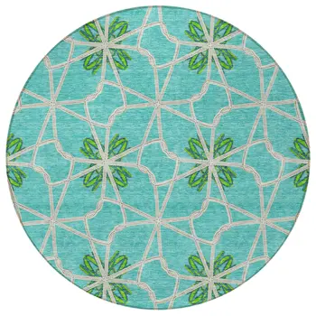 8' Aqua And Green Round Geometric Washable Indoor Outdoor Area Rug
