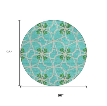 8' Aqua And Green Round Geometric Washable Indoor Outdoor Area Rug