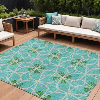 8' X 10' Aqua And Green Geometric Washable Indoor Outdoor Area Rug