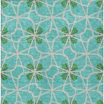 9' X 12' Aqua And Green Geometric Washable Indoor Outdoor Area Rug