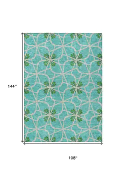 9' X 12' Aqua And Green Geometric Washable Indoor Outdoor Area Rug
