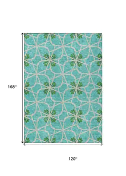 10' X 14' Aqua And Green Geometric Washable Indoor Outdoor Area Rug
