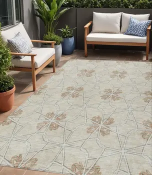 5' X 8' Beige And Taupe Geometric Washable Indoor Outdoor Area Rug