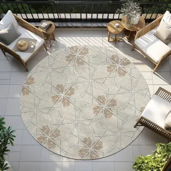 8' Beige And Taupe Round Geometric Washable Indoor Outdoor Area Rug