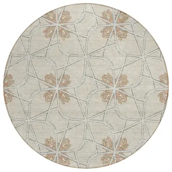 8' Beige And Taupe Round Geometric Washable Indoor Outdoor Area Rug
