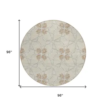 8' Beige And Taupe Round Geometric Washable Indoor Outdoor Area Rug