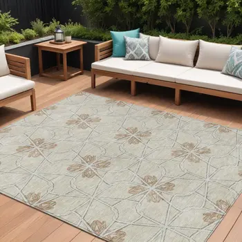 9' X 12' Beige And Taupe Geometric Washable Indoor Outdoor Area Rug