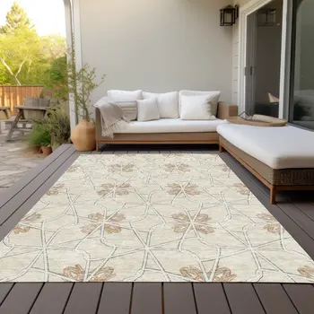 10' X 14' Beige And Taupe Geometric Washable Indoor Outdoor Area Rug