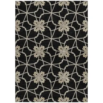 3' X 5' Black And Ivory Geometric Washable Indoor Outdoor Area Rug