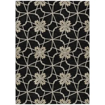 3' X 5' Black And Ivory Geometric Washable Indoor Outdoor Area Rug