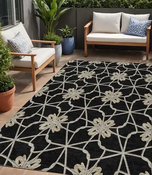 5' X 8' Black And Ivory Geometric Washable Indoor Outdoor Area Rug