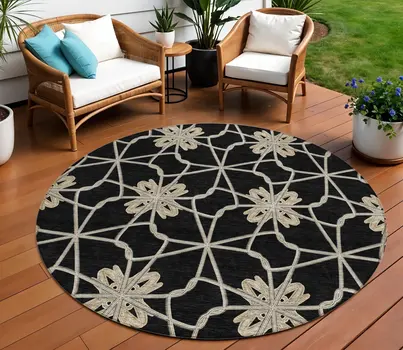 8' Black And Ivory Round Geometric Washable Indoor Outdoor Area Rug