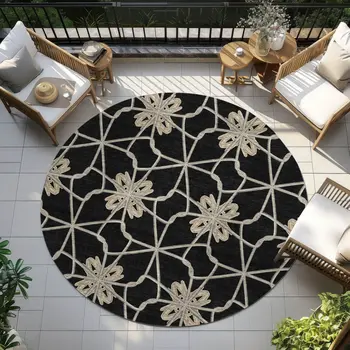 8' Black And Ivory Round Geometric Washable Indoor Outdoor Area Rug