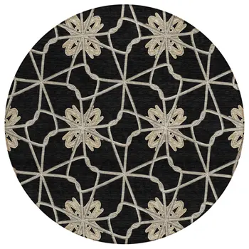 8' Black And Ivory Round Geometric Washable Indoor Outdoor Area Rug