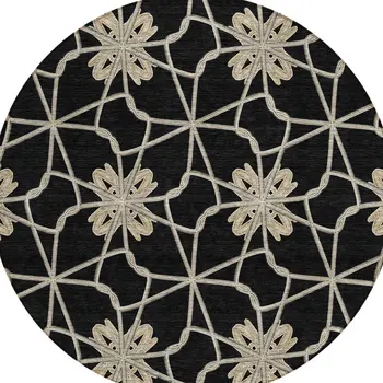 8' Black And Ivory Round Geometric Washable Indoor Outdoor Area Rug