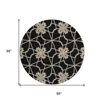 8' Black And Ivory Round Geometric Washable Indoor Outdoor Area Rug