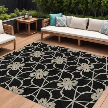 9' X 12' Black And Ivory Geometric Washable Indoor Outdoor Area Rug