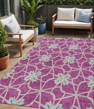 5' X 8' Blush And Aqua Geometric Washable Indoor Outdoor Area Rug