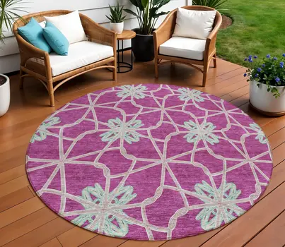 8' Blush And Aqua Round Geometric Washable Indoor Outdoor Area Rug