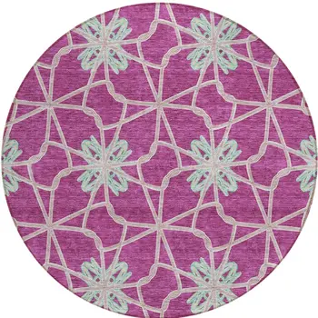 8' Blush And Aqua Round Geometric Washable Indoor Outdoor Area Rug