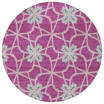 8' Blush And Aqua Round Geometric Washable Indoor Outdoor Area Rug