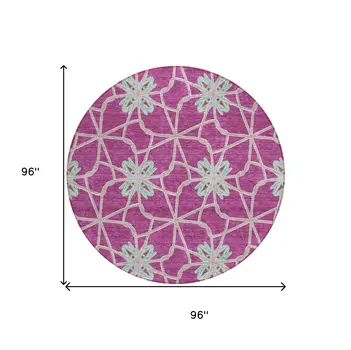 8' Blush And Aqua Round Geometric Washable Indoor Outdoor Area Rug