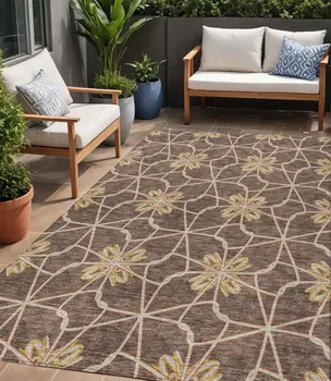 5' X 8' Brown And Gold Geometric Washable Indoor Outdoor Area Rug