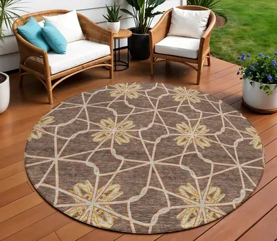 8' Brown And Gold Round Geometric Washable Indoor Outdoor Area Rug