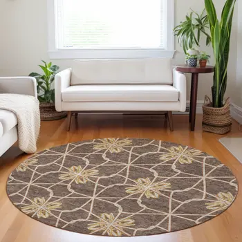 8' Brown And Gold Round Geometric Washable Indoor Outdoor Area Rug