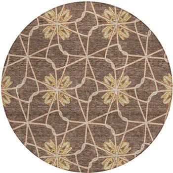 8' Brown And Gold Round Geometric Washable Indoor Outdoor Area Rug
