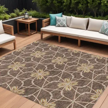10' X 14' Brown And Gold Geometric Washable Indoor Outdoor Area Rug