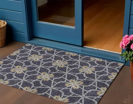 3' X 5' Charcoal And Gold Geometric Washable Indoor Outdoor Area Rug