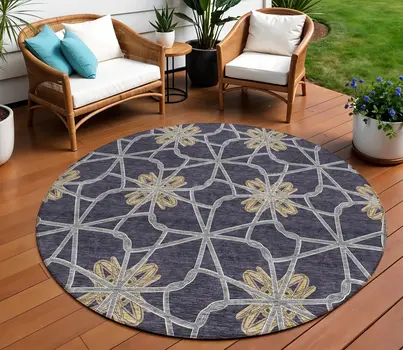 8' Charcoal And Gold Round Geometric Washable Indoor Outdoor Area Rug