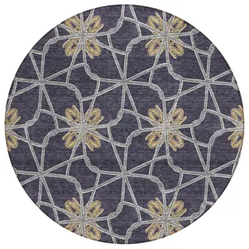 8' Charcoal And Gold Round Geometric Washable Indoor Outdoor Area Rug