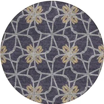 8' Charcoal And Gold Round Geometric Washable Indoor Outdoor Area Rug