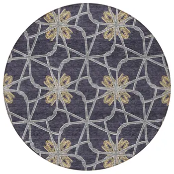 8' Charcoal And Gold Round Geometric Washable Indoor Outdoor Area Rug