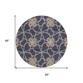8' Charcoal And Gold Round Geometric Washable Indoor Outdoor Area Rug