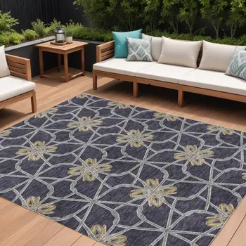 8' X 10' Charcoal And Gold Geometric Washable Indoor Outdoor Area Rug