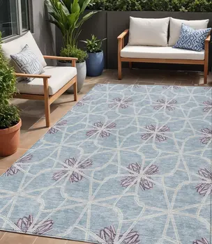 5' X 8' Denim Blue And Ivory Geometric Washable Indoor Outdoor Area Rug