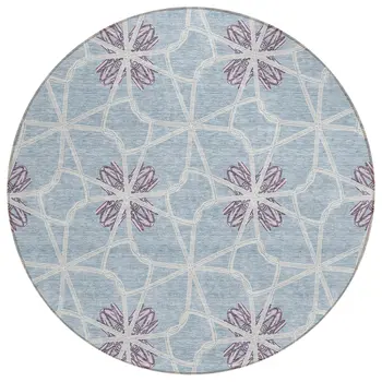8' Denim Blue And Ivory Round Geometric Washable Indoor Outdoor Area Rug