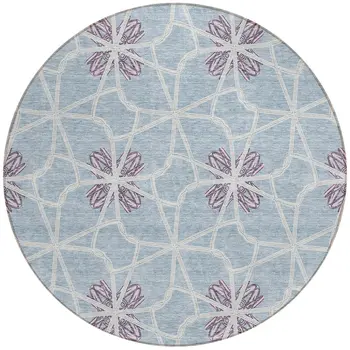 8' Denim Blue And Ivory Round Geometric Washable Indoor Outdoor Area Rug