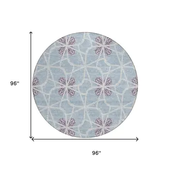 8' Denim Blue And Ivory Round Geometric Washable Indoor Outdoor Area Rug