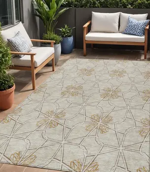 5' X 8' Ivory And Gold Geometric Washable Indoor Outdoor Area Rug