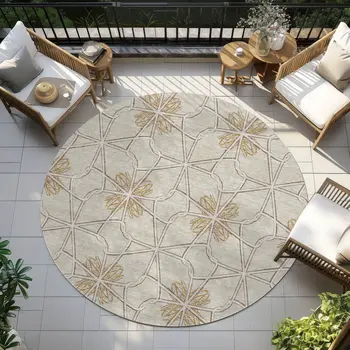 8' Ivory And Gold Round Geometric Washable Indoor Outdoor Area Rug