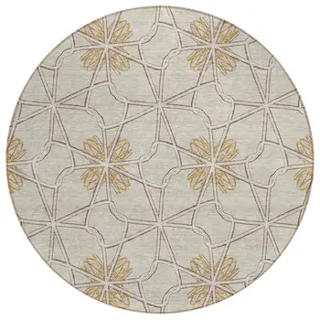 8' Ivory And Gold Round Geometric Washable Indoor Outdoor Area Rug