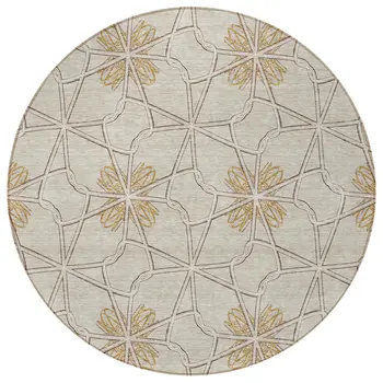 8' Ivory And Gold Round Geometric Washable Indoor Outdoor Area Rug
