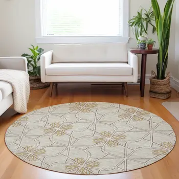 8' Ivory And Gold Round Geometric Washable Indoor Outdoor Area Rug