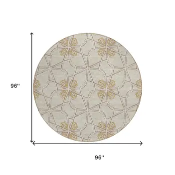 8' Ivory And Gold Round Geometric Washable Indoor Outdoor Area Rug