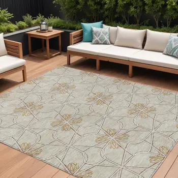 8' X 10' Ivory And Gold Geometric Washable Indoor Outdoor Area Rug