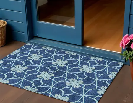 3' X 5' Navy Blue And Aqua Geometric Washable Indoor Outdoor Area Rug